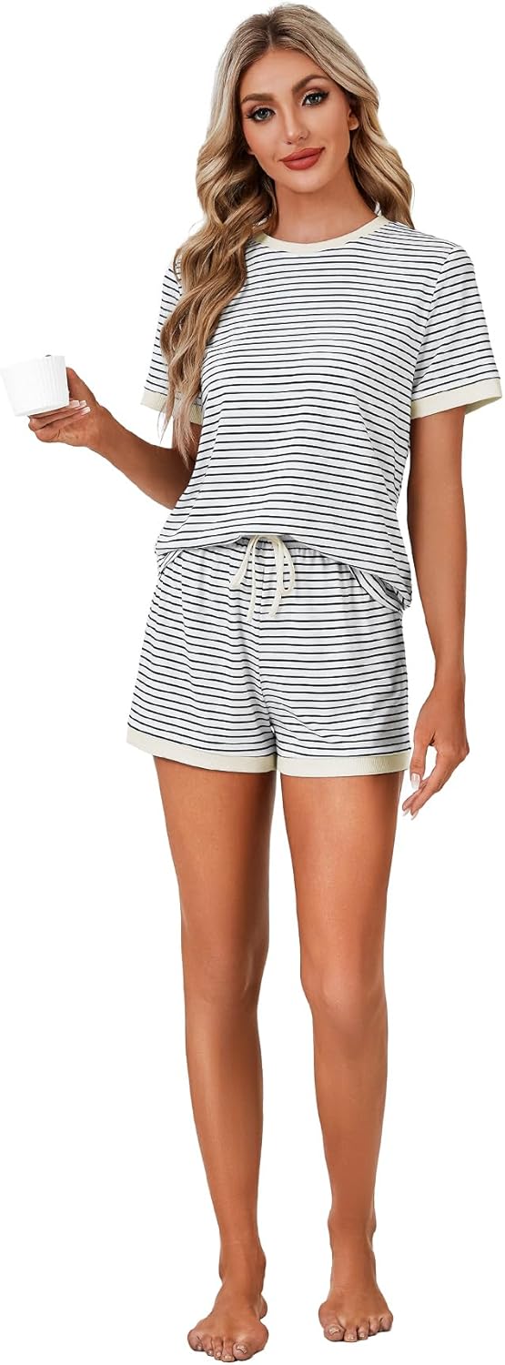 LYANER Pajama Set for Women 2 Piece Lounge Set Striped Crew neck Short Sleeve Tops and Shorts Soft Sleepwear - Image 6