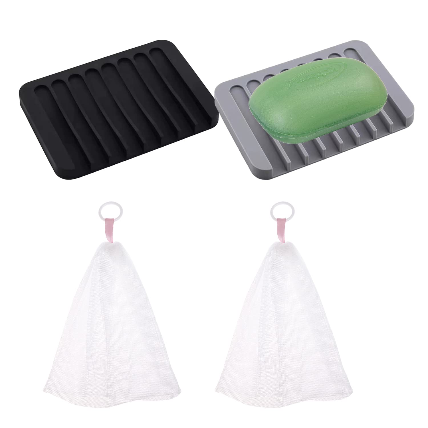 2 pieces of silicone soap tray, with 2 foaming nets, creative soap box, bathroom punch-free soap pad, non-slip soap holder, self-emptying soap tray (black, gray)