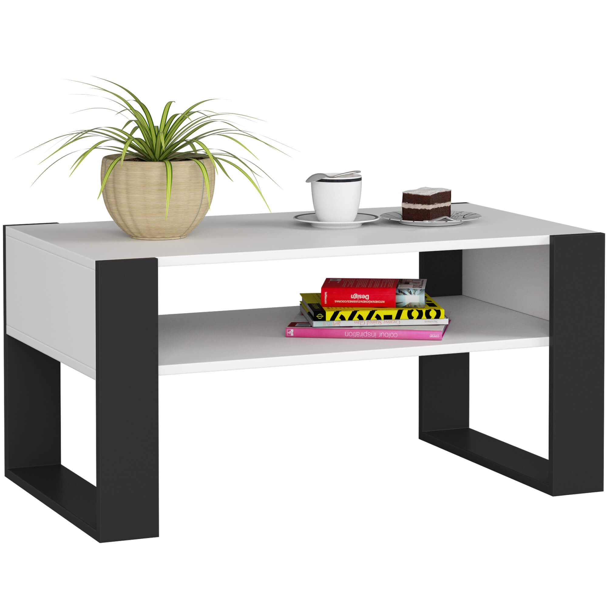 AKORD Mesa de Centro DOMI, Blanco, 92 cm, Negro Mate, 92x53x45 cm