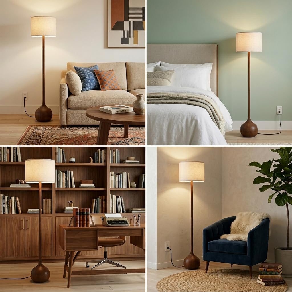 Floor Lamp for Living Room with 3 Color Temperatures, Rustic Faux Wood Floor Lamp with Remote & Dimmable Bulb, Farmhouse Standing Lamp with Fabric Shade, Vintage Tall Lamp for Living Room, Bedroom