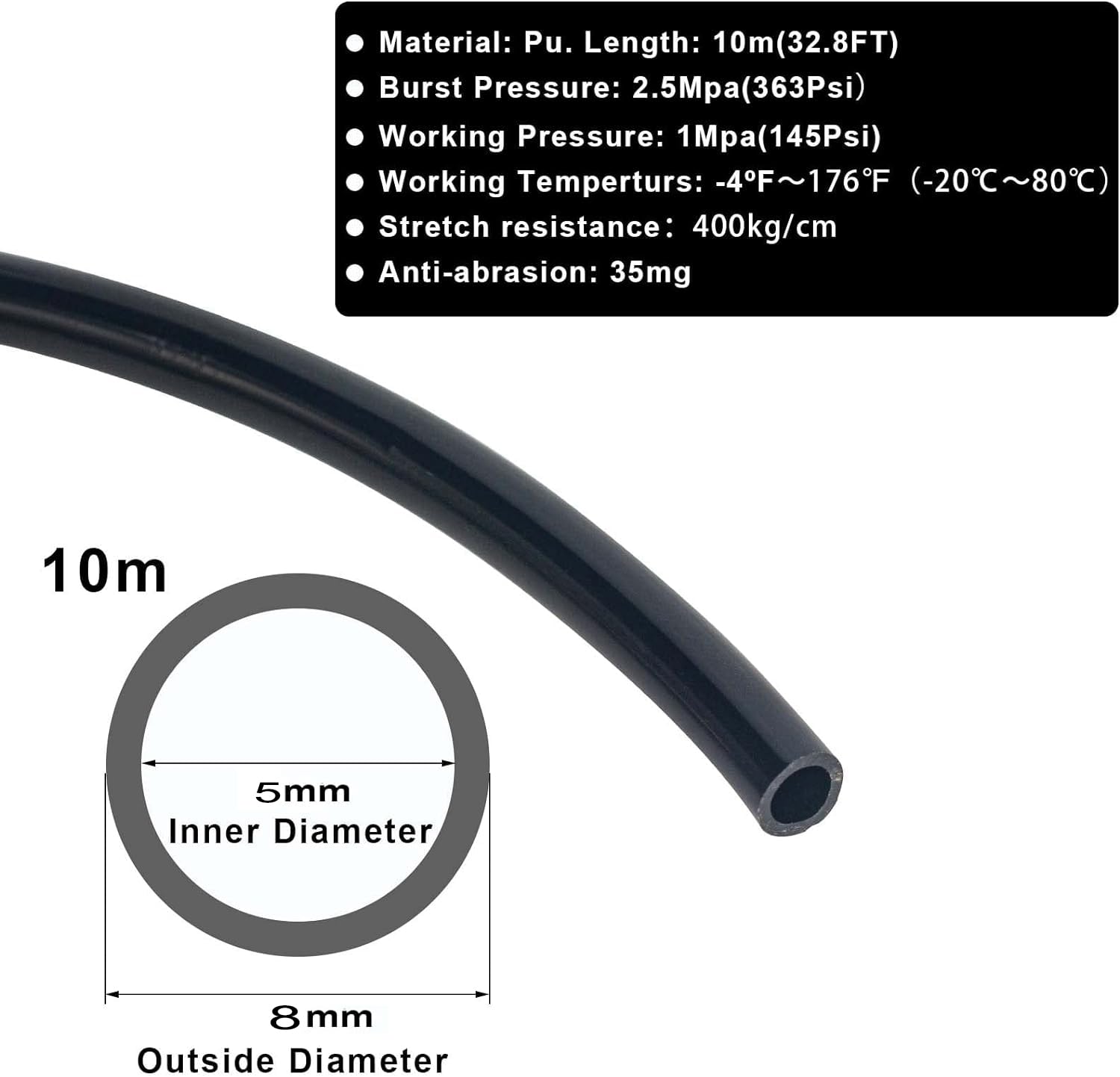 Tubo neumático de 8 mm x 5 mm, tubo de poliuretano PU, manguera de compresor de aire o transferencia de fluidos (negro, 32.8 pies/10 metros)