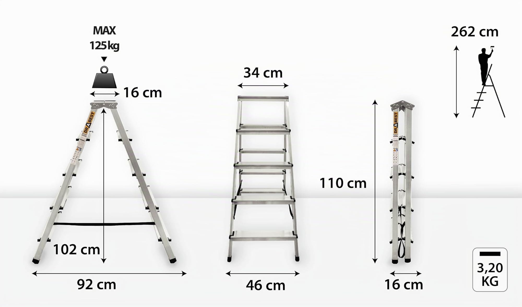 Drabest Escabeau 5 Marches Aluminium Double Face – Échelle Pliable avec Plateforme – Charge Max 125 kg – Dimensions 46x109x16 cm – pour Usage Domestique et Professionnel