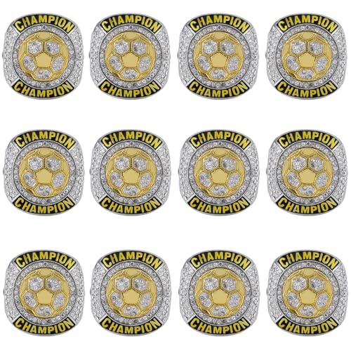 CHXIXUE 12 Pack Soccer Champion Rings Soccer Championship Trophy Rings Sport Award Gift Tournament League Winner Soccer Ring (12 Pack rings, size 10)