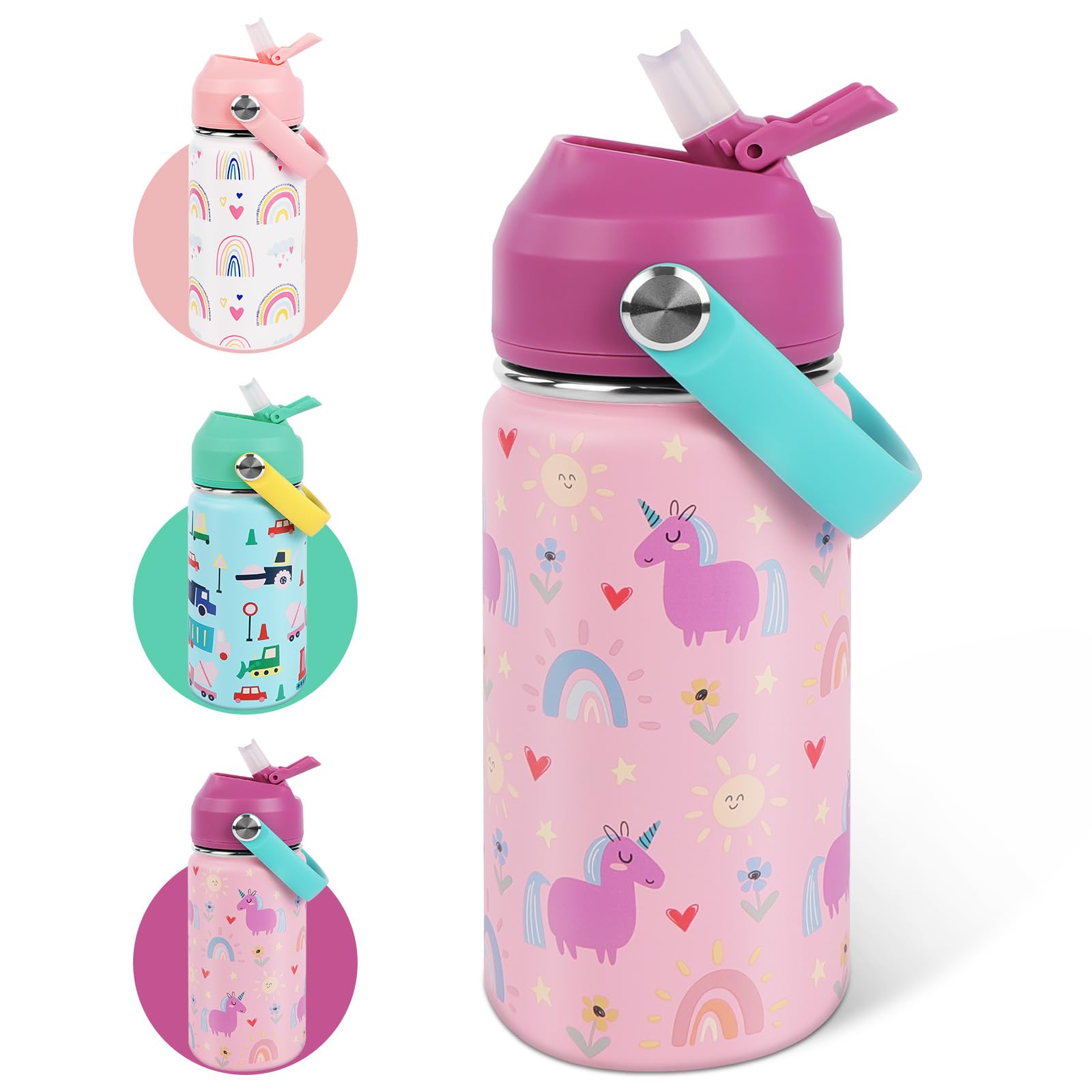 AMFUN Thermosflasche für Kinder, 350 ml, mit Strohhalm, kratzfest, mit Griff, BPA-frei, für heiße oder kalte Getränke