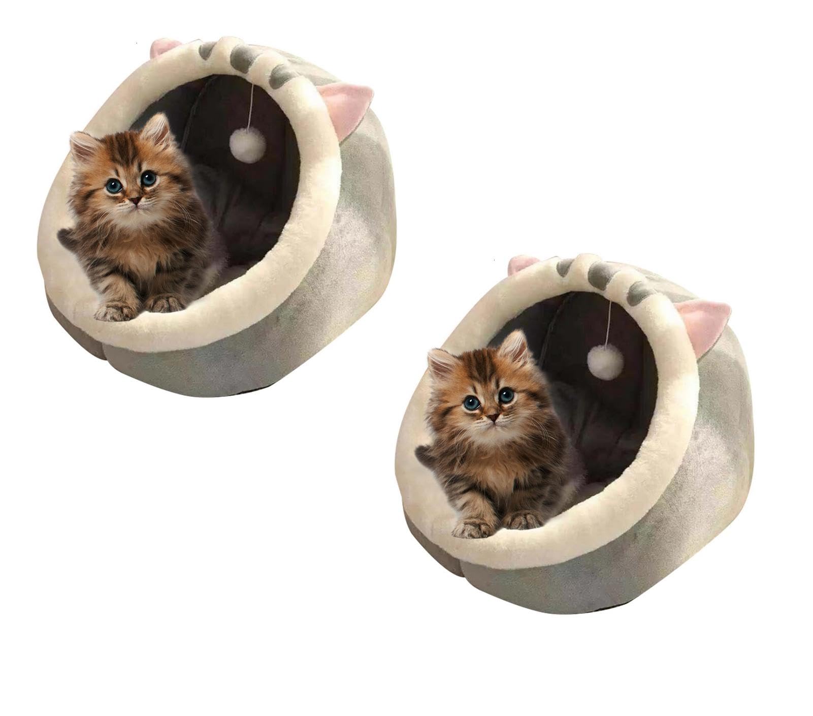 Cuccia per gatti, 2 pezzi, semi chiusa, graziosa cuccia decorativa per gatti con giocattolo sospeso, resistente alle intemperie, impermeabile, per esterni, comoda per animali | Morbida Extra Accogliente Rotondo Stile Grotta Peluche Morbido Caldo Confortev
