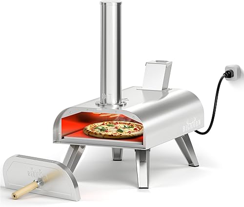 BIG HORN OUTDOORS Horno de pizza de combustible dual de 12 pulgadas, eléctrico y pellet de madera, para interiores y exteriores, máquina de pizza de
