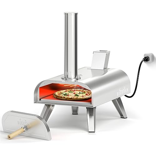 BIG HORN OUTDOORS 12" Dual Fuel Pizza Oven – Electric & Wood Pellet, Indoor & Outdoor High-Temp Pizza Maker (1000°F) with Pizza Stone for Wood-Fired Flavor