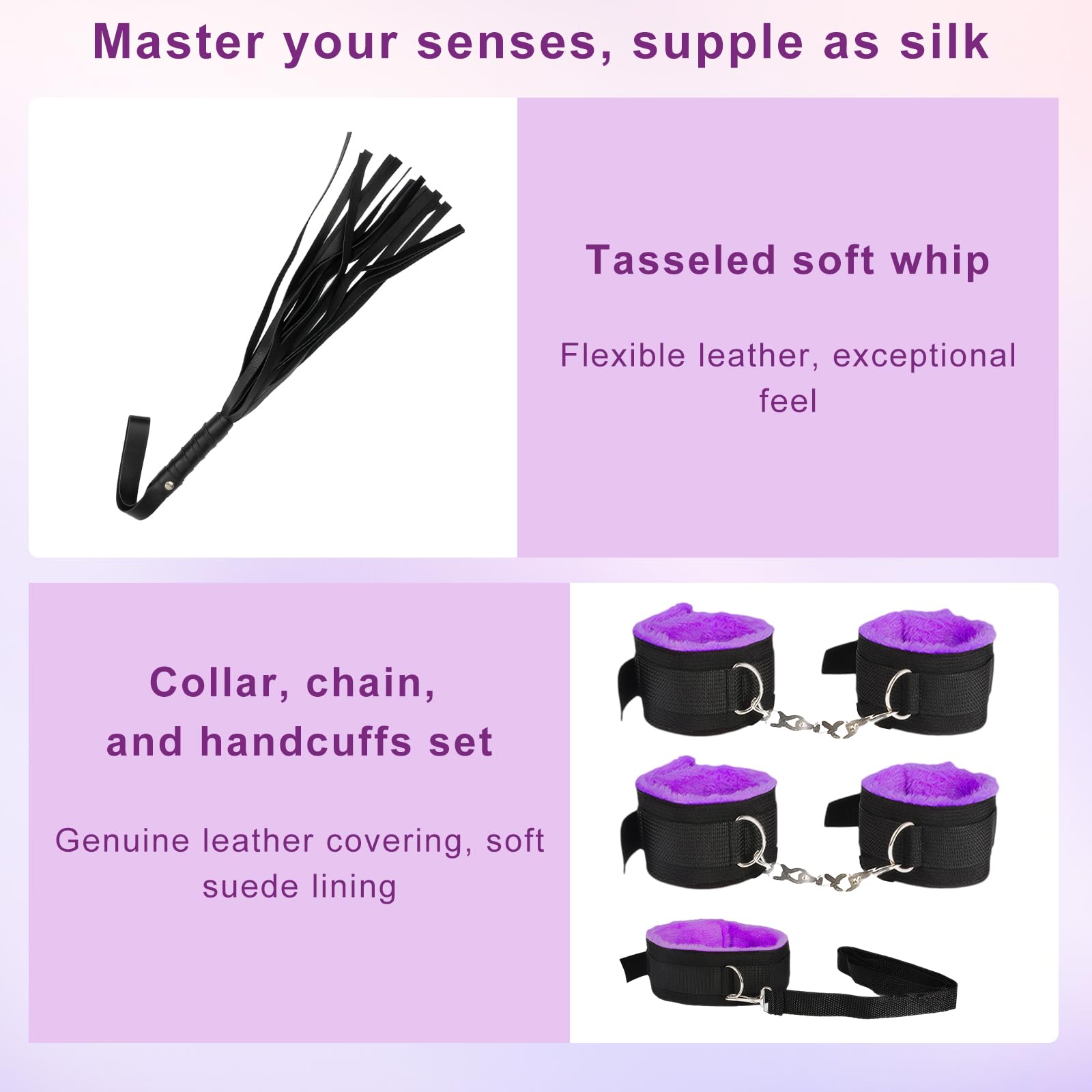 Set de bondage premium de 39 piezas, kit completo de sujeción, incluye juguetes sexuales para parejas y mujeres, ataduras y accesorios de bondage para la cama, color negro y morado