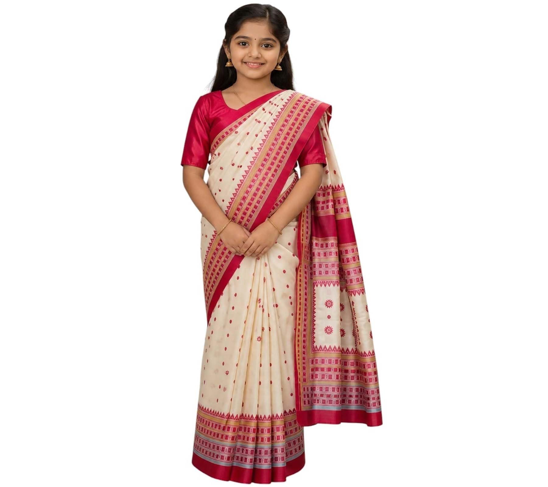 Bihu Dress for Girls | Traditional Assamese Saree Style Costume with Blouse | Kids Ethnic Wear for Bihu Festival, Cultural Events, Fancy Dress, School Functions (Cream & Red)-image-32