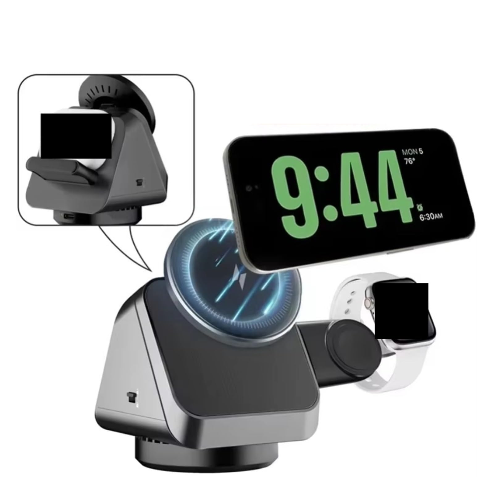 Bezprzewodowa ładowarka, Obrotowa, 360-stopniowa, bezprzewodowa ładowarka 3 w 1, magnetyczna stacja szybkiego ładowania telefonów, słuchawek i zegarków(NO Watch Charger)