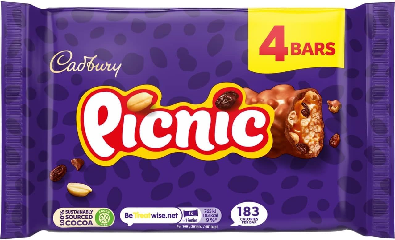Cadbury Picnic Chocolate Bar, Milk Chocolate With Caramel, Peanuts, Crispy Cereal & Dried Grapes Centre, Multipack of 4 x 38 g Bars (Pack of 1)