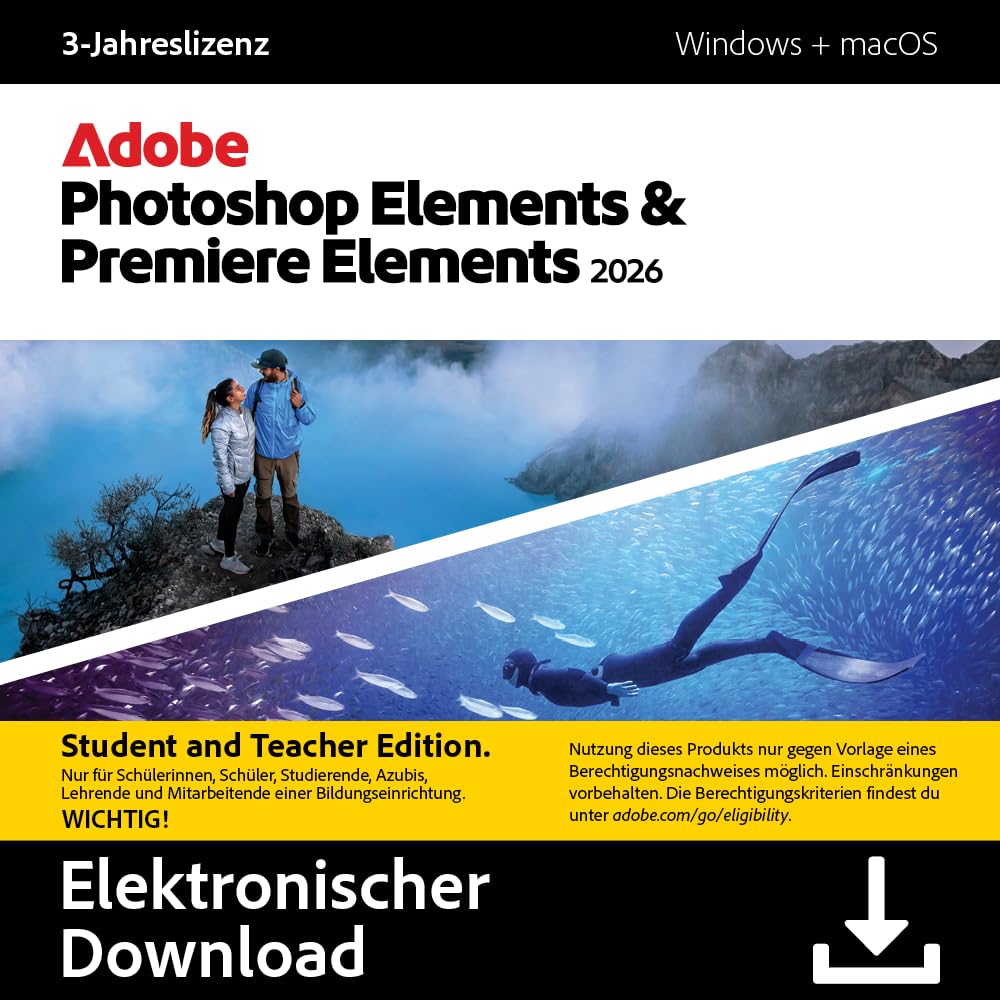 Adobe Photoshop Elements 2026 & Premiere Elements 2026 |Student & Teacher Edition | 3-Jahreslizenz | 1 Gerät │1 Benutzer│PC/Mac│Digital Download