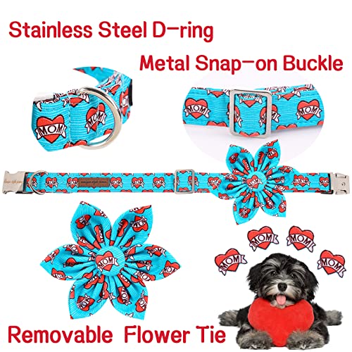 Unique style paws Dog Collar with Flower Tie Blue Heart Puppy Collar Comfy Soft Bowtie Dog Collar Best Gift for Small Medium Large Dogs-L - Image 2