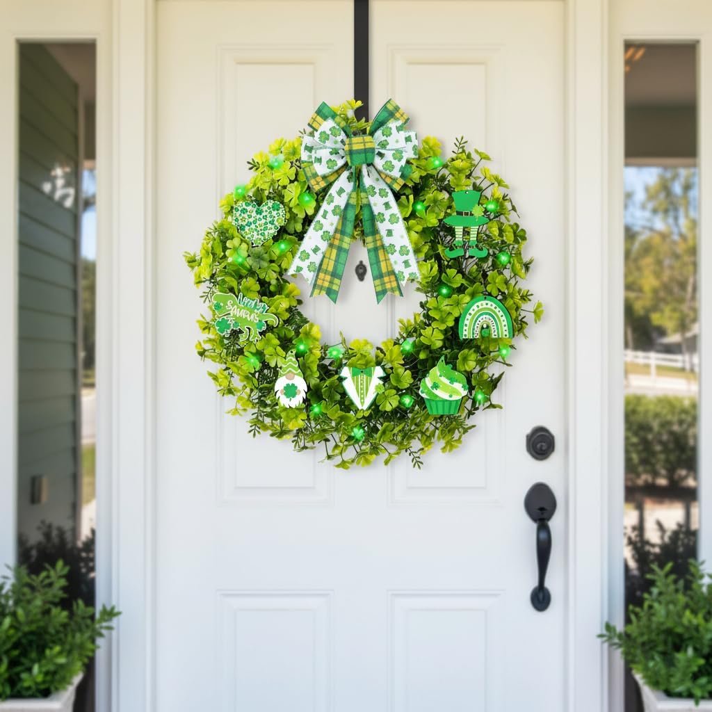20" St. Patrick's Day Wreath with 20 LED Lights & 10 Detachable Signs -Artificial Shamrock Wreath for Front Door, Includes Hanger & Bow -All-in-One Irish Lucky Ornament Kit for Spring Homez