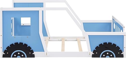 Miniatura 6 de Merax Cama de plataforma clásica en forma de automóvil con ruedas, marco de cama de automóvil de madera para niños, color azul