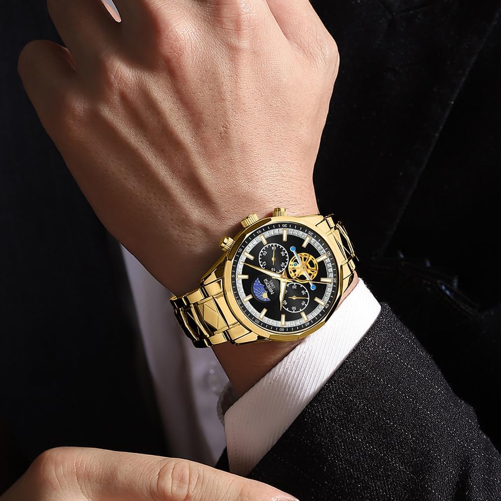 NIBOSI Watches for Men Fashion Stainless Steel Business Casual Luxury Waterproof Luminous Dress Analog Chronograph Luminous Large Big Face Dad Father Gifts Gold Black Wrist Watch - Image 2