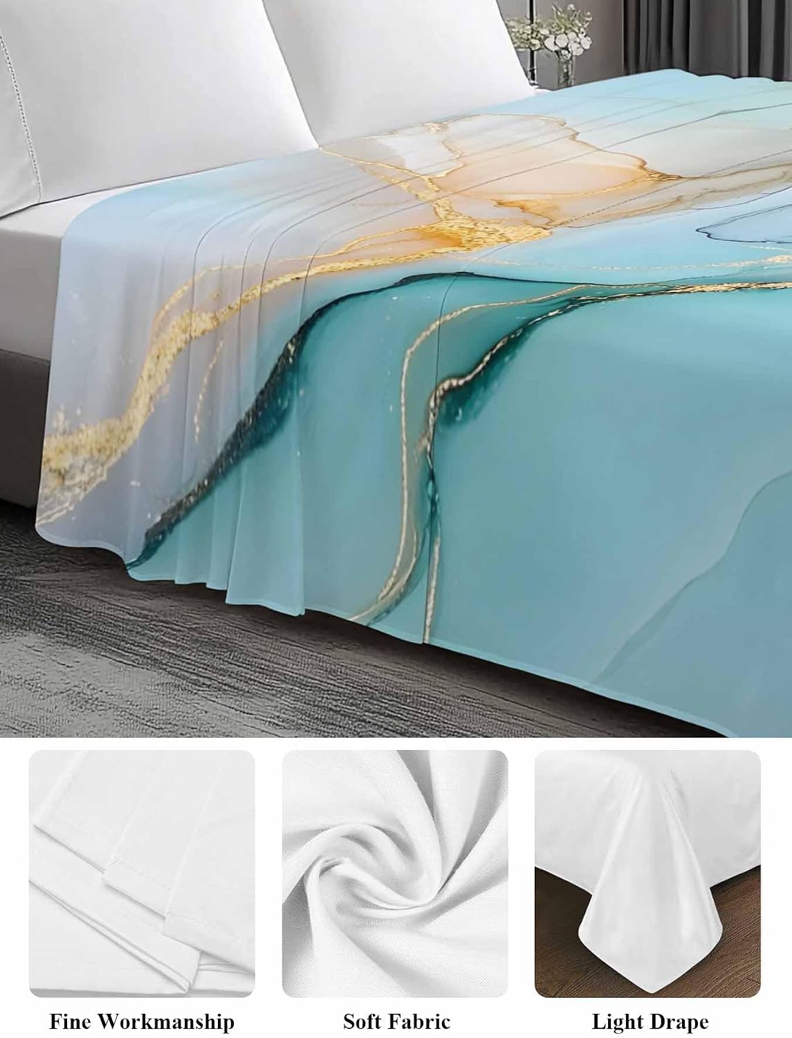 Top Sheet Full Bedding Flat Sheet Only, Teal Green Turquoise Gold Marble Texture Microfiber Bed Sheets Soft Breathable Bedding Flat Sheets, Abstract Modern Art Hotel Luxury Top Sheets