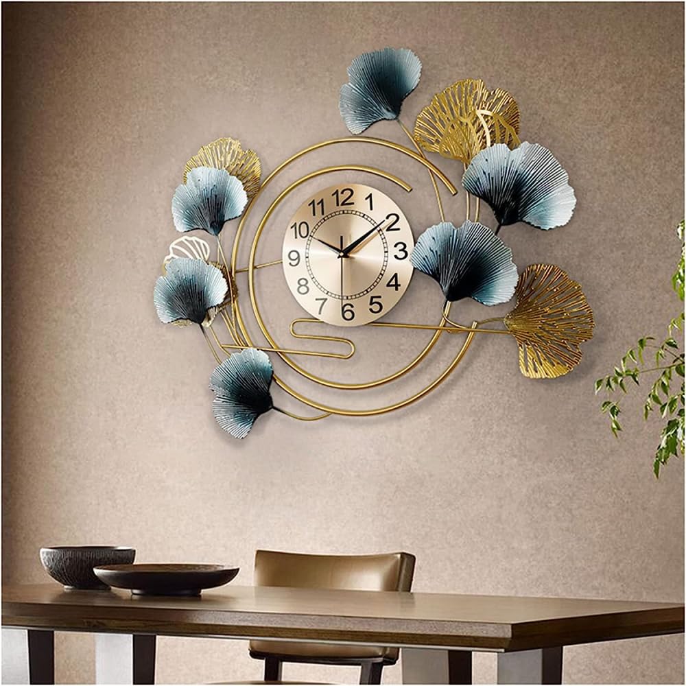 SaryEdge Ginkgo Biloba Wall Clock, Modern Large Metal 3D Ring Art Decor Wall Watch, Silent Non Ticking Quartz Clock for Living Room,Gold,70X60Cm-Gold||70X60Cm,