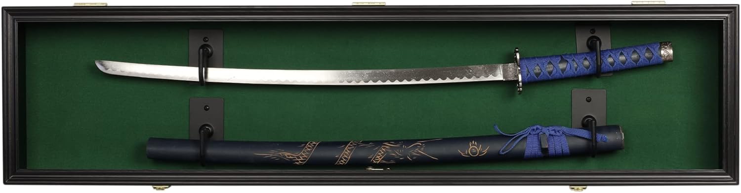 ONE 44" Rifle Gun Shotgun Display Case Saber Sword Golf Club Display Case Cabinet Rack Putter Shadow Box w/98% UV - Lockable Door (Green Felt)-Black Frame