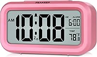 Peakeep Pink Night Light Alarm Clock with Indoor Temperature - Battery Operated Digital Clock for Kids Bedroom Desk