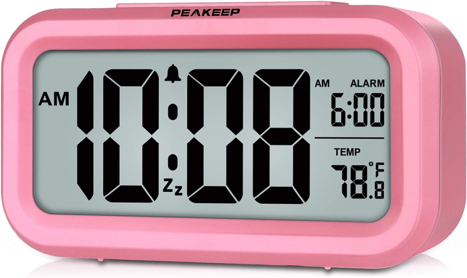 PEAKEEP スマートナイトライト デジタル目覚まし時計 屋内温度付き 電池式デスク 小型時計 ピンク