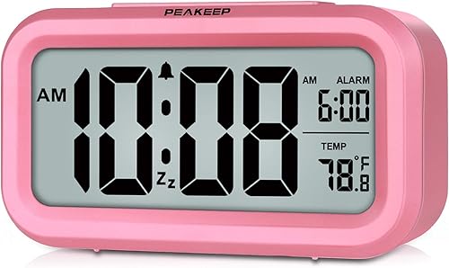 Peakeep - Reloj despertador con luz nocturna inteligente, funciona con pilas, con temperatura interior, reloj digital de escritorio para dormitorios