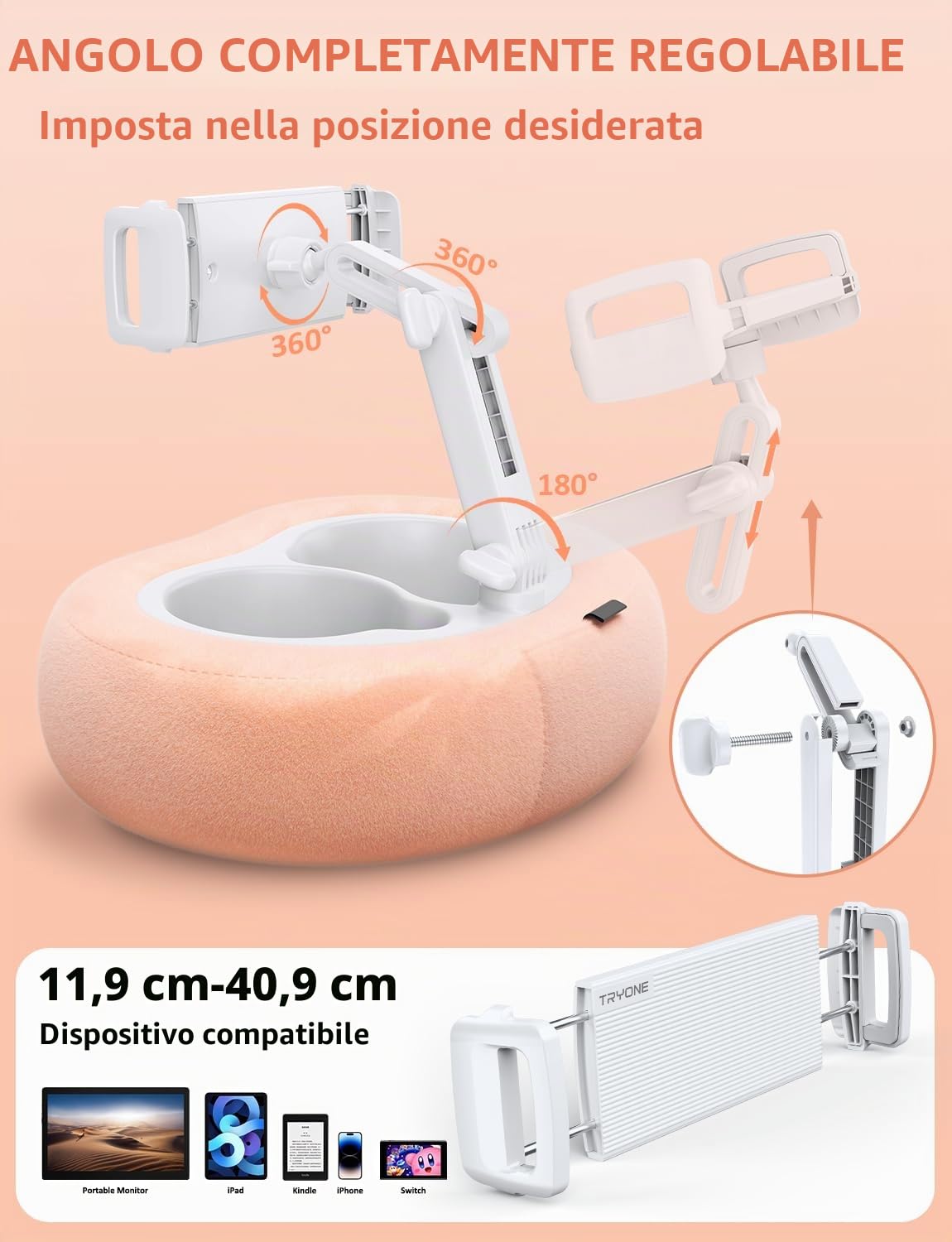 Supporto per Tablet e Leggio a Cuscino per E-Reader con 2 Vassoi Rimovibili & Cuscino Morbido in Peluche per Letto/Grembo, compatibile con iPad/Kindle/Kobo/iPhone/Android/Altri Dispositivi 4,7–16.1"