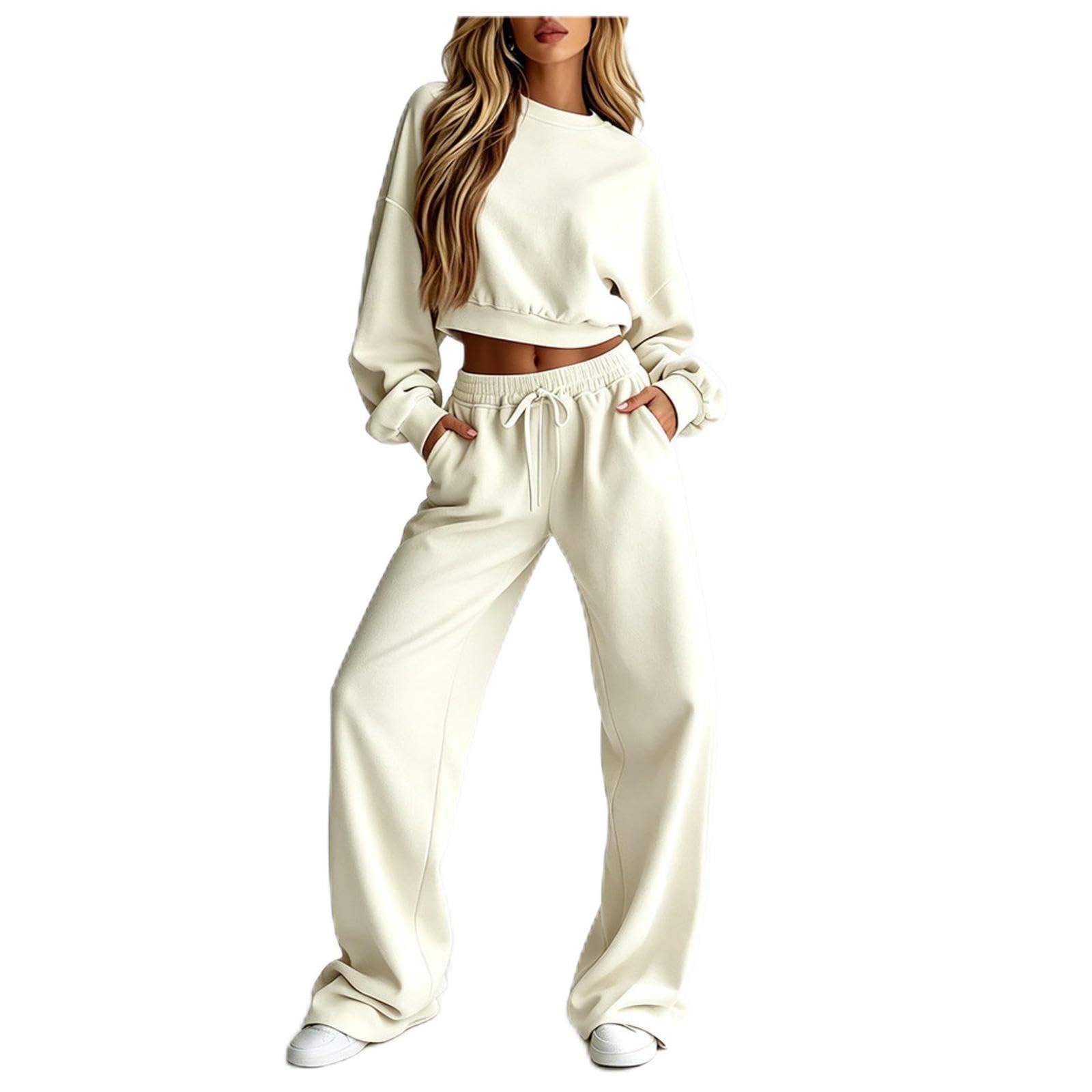Sportanzug Damen Wide Leg Sweatpants Tracksuit Frau Hände in die Taschen stecken Anzug FüR Damen Ferien, Flughafen, Reisen Und Freizeit,Apricot-XL