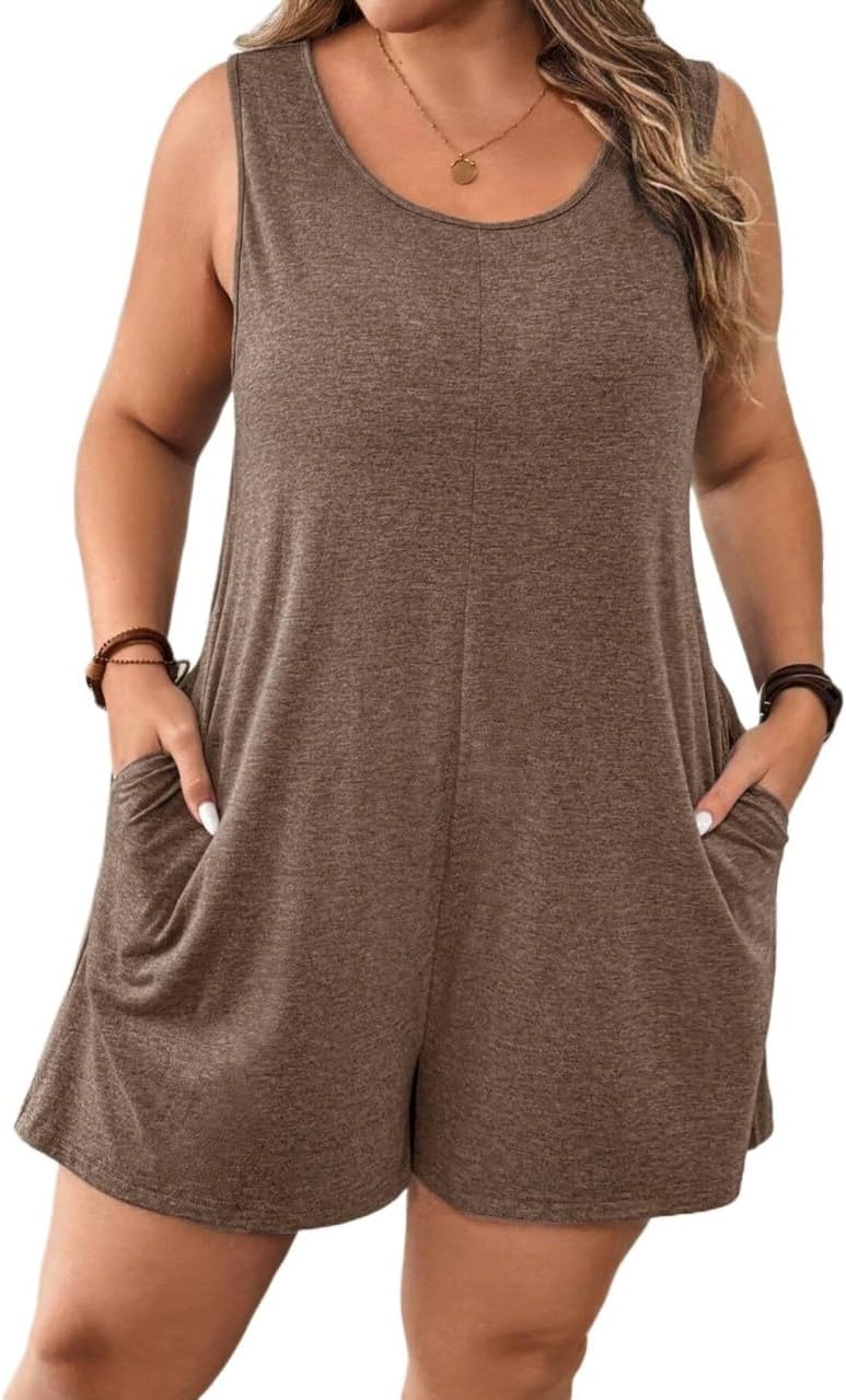 Rompers for Women Summer 2026 Plus Size Crew Neck Double Pocket Casual Jumpsuit