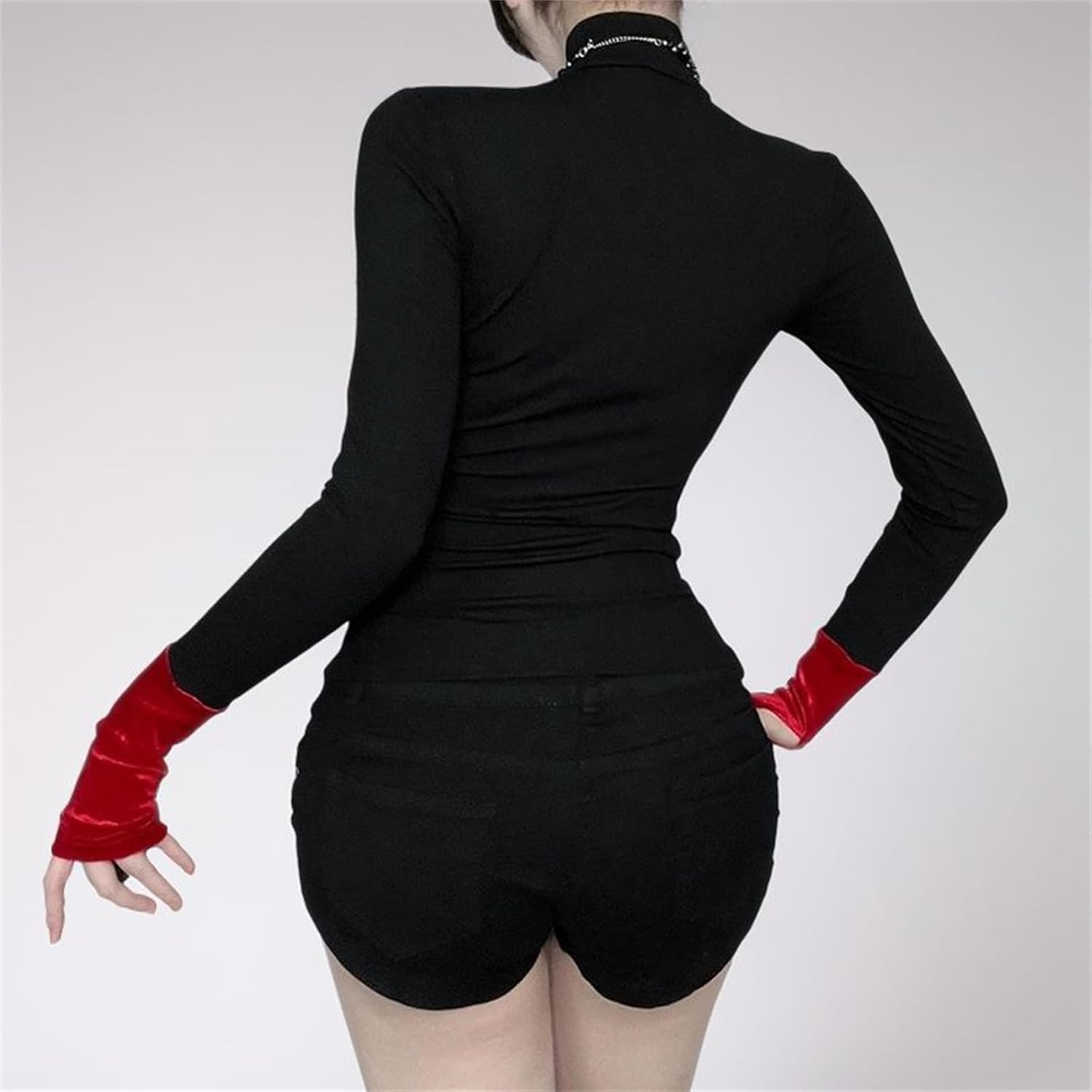 Women Goth Vampire Cross T Shirt - Vintage High Neck Tee Stretchy Long Sleeve Top Going Out Clubbing - Image 5