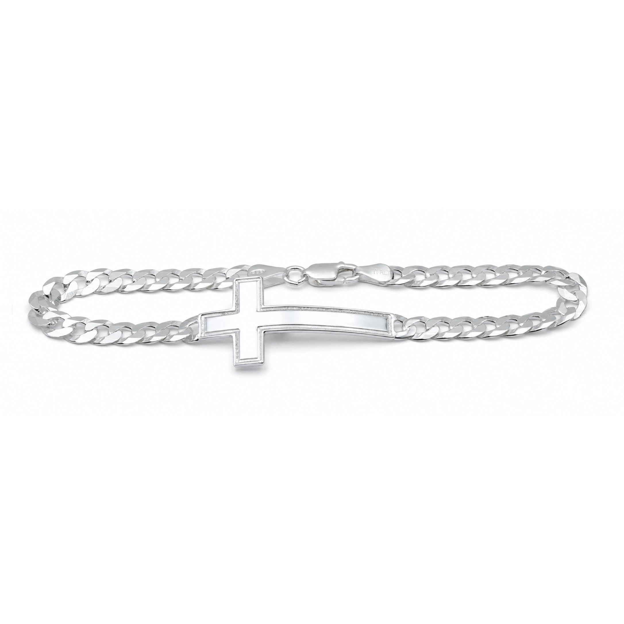 AKA Gioielli - Bracelet Croix Homme en Argent 925, Bracelet avec Croix et Chaîne Maille Cubaine de 6 mm en Argent - Longueur 22 cm, Idée Cadeau Élégante avec Coffret