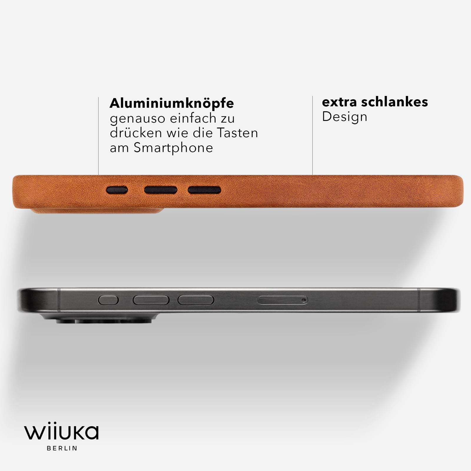 WIIUKA Funda para iPhone 15 Pro, Piel de Alemania Extrafina, Premium para Teléfono Móvil, Qi, Vintage, Marrón Coñac