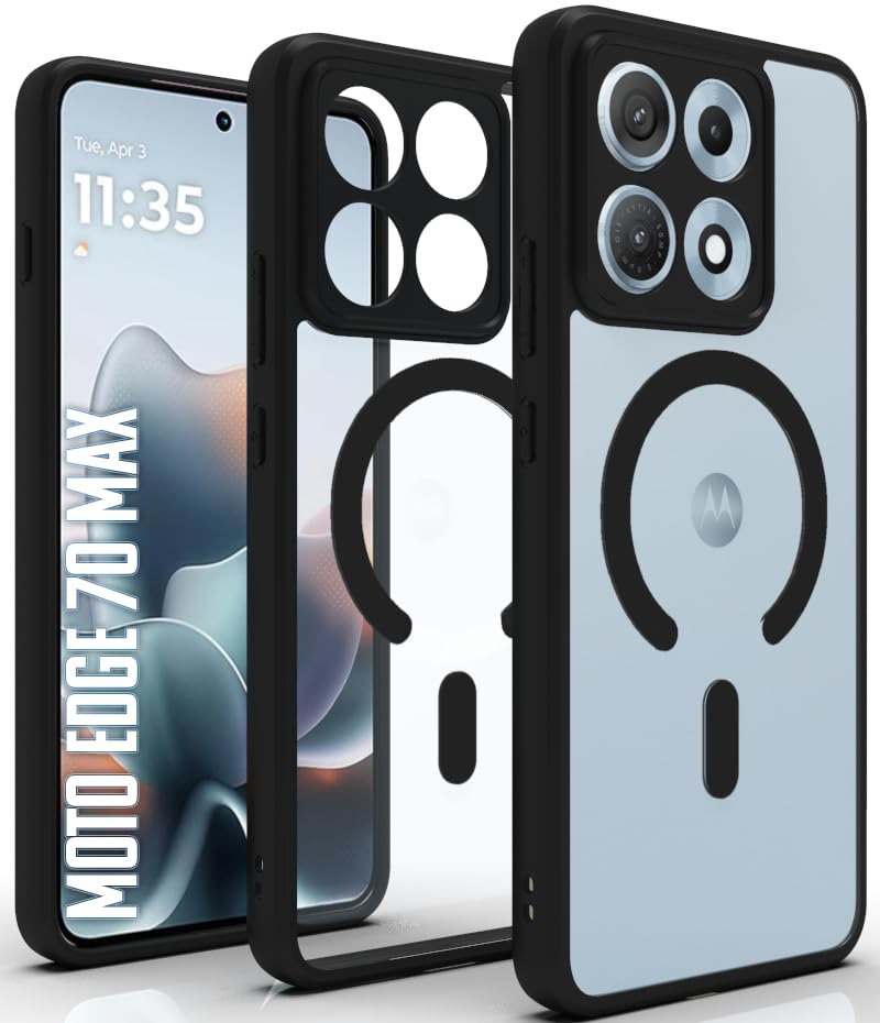 Image of RIGGEAR Shockproof Sleek Hybrid Armor Magnetic Back Cover Case Compatible with MagSafe Accessories for Motorola Moto Edge 70 Max 5G (Clear PC + Black TPU Bumper)