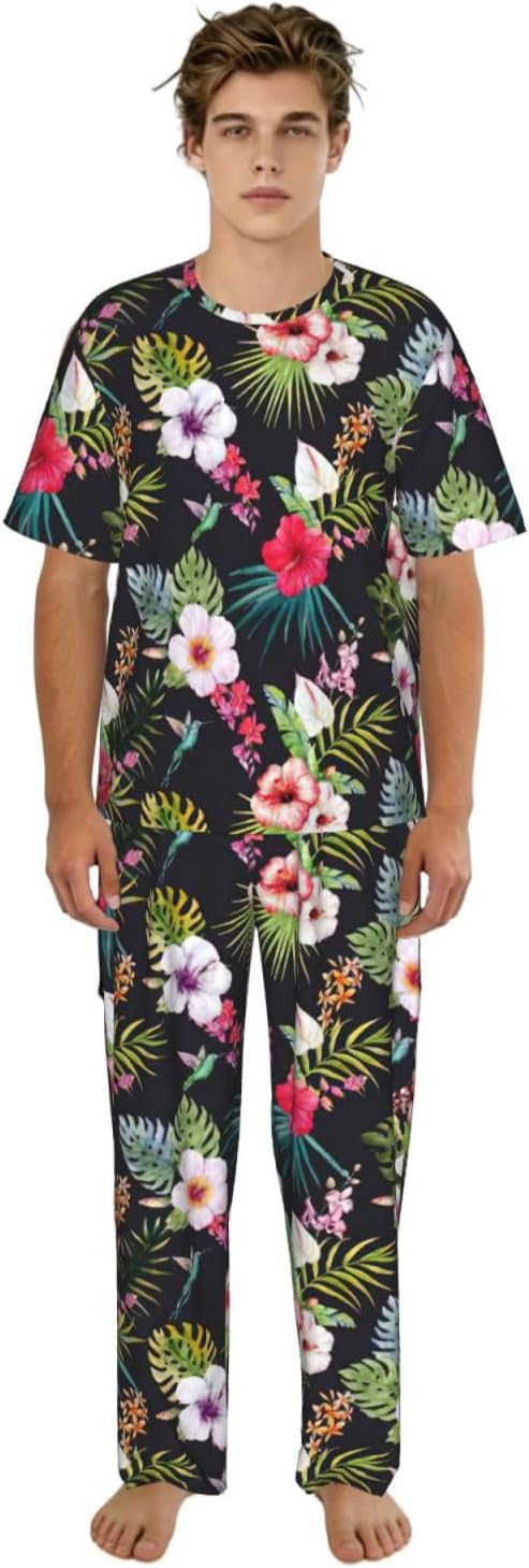 Men'S 2 Piece Loungewear Pajama Set Floral Print Short Sleeve Tee Top And Pants Set S-3xl