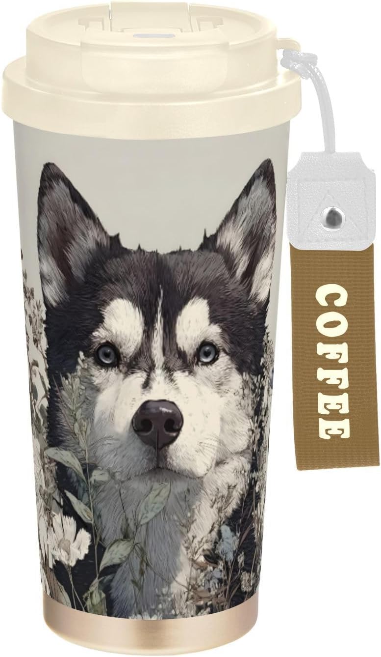 Husky Flower Insulated Coffee Mug with Straw & Flip Lid, 16.9oz Iced Tumbler Cup, Double Wall Vacuum Mug for Travel Office