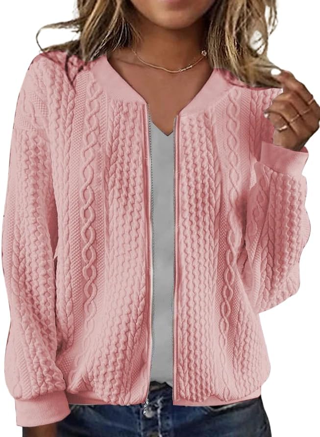 Cardigan Sweaters for Women Long Sleeve Zip Up Jackets Solid Crewneck Winter Daily Wear Outwear Coat