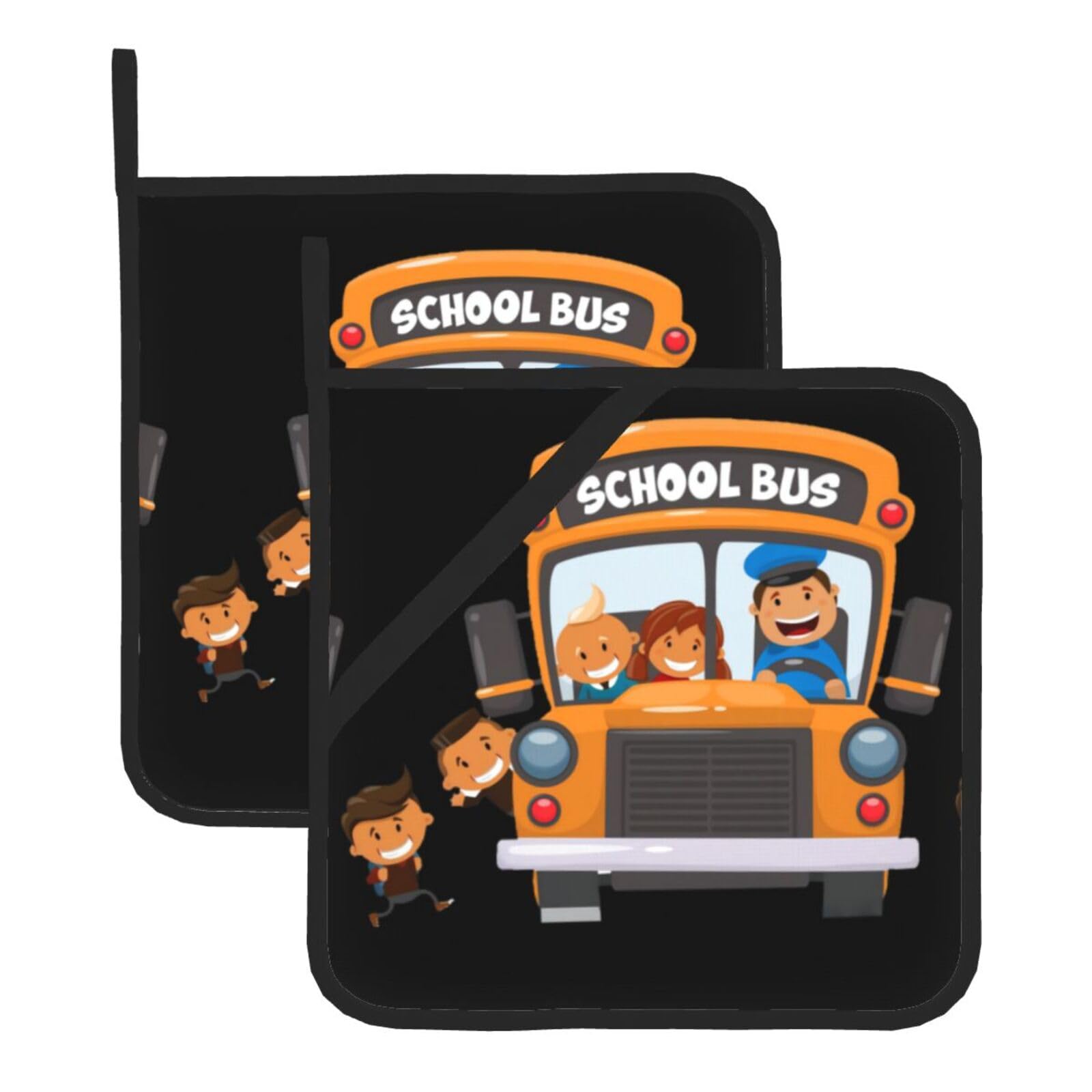WHJDPP School Bus Prints Square Hot Pads for Kitchen Counter - Waterproof Pot Holders Set of 2, Heat Resistant Trivets with Pocket & Hanging Loop for Serving, Oven & BBQ
