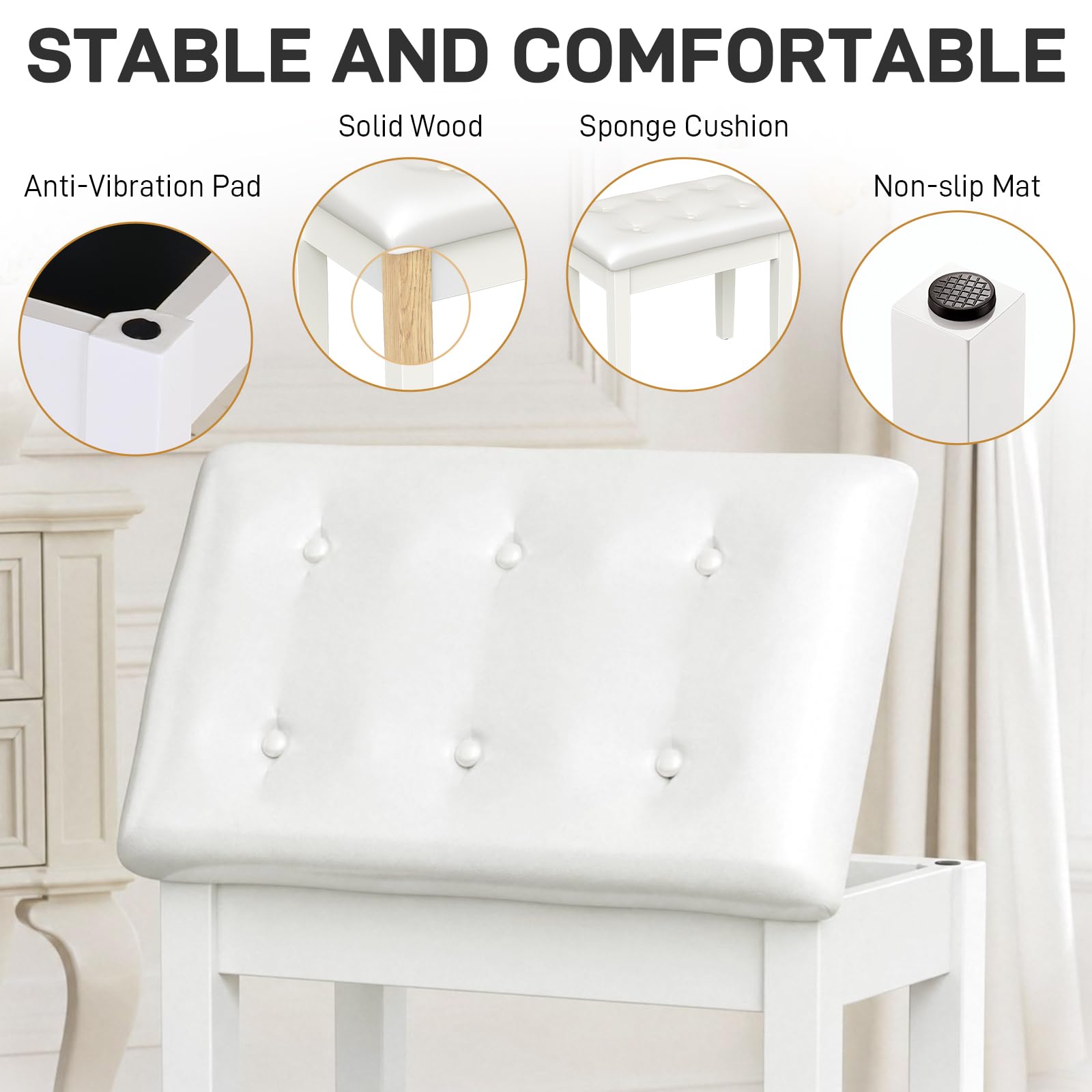 MAMIZO Sgabello per Pianoforte con Spazio di Archiviazione, 55x35x49CM | Panca Pianoforte con Cuscino in Pelle PU, Gambe in Legno Massello, Carico Massimo 150KG, Bianco