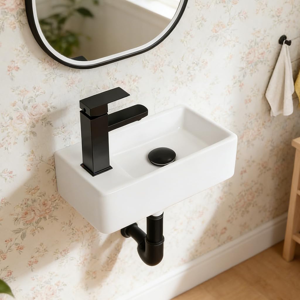 Fregadero de pared de cerámica blanca para baño pequeño, fregadero flotante rectangular de 14 x 7 pulgadas, fregadero moderno para colgar en la pared