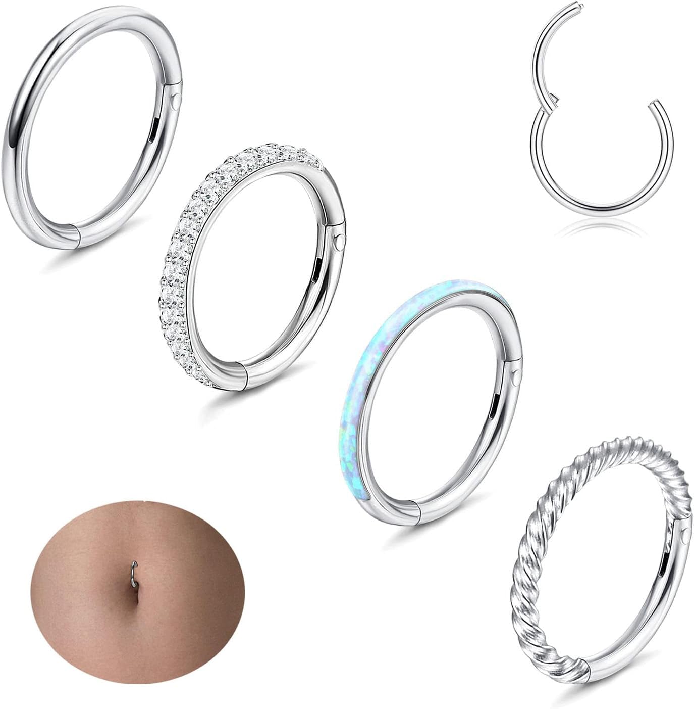Diamday 14G Ombligo Piercing Anillos Acero Quirúrgico Ombligo Aro Hoop para Mujer CZ Ópalo Clicker Aro Ombligo Anillos Vientre Barra Nariz Labio Oreja Corporal Piercing Joyería 8/10/12mm
