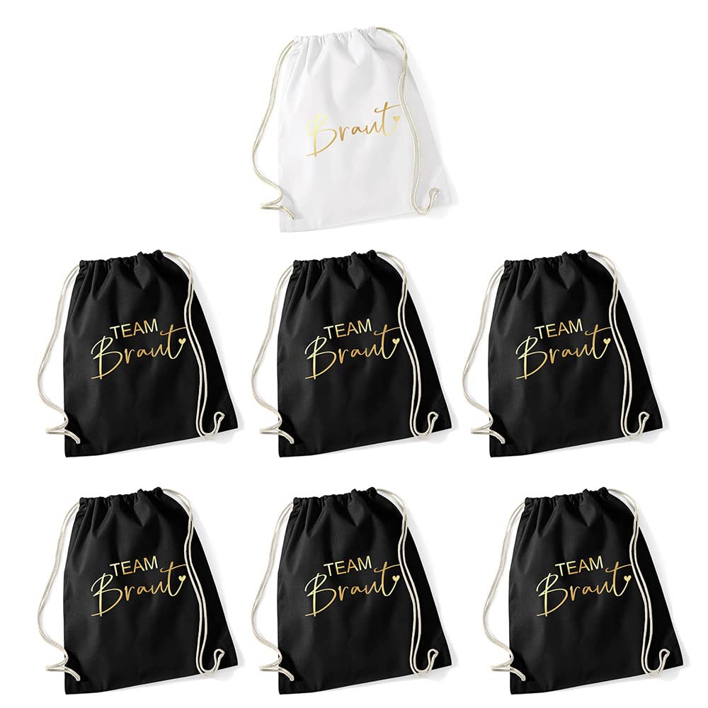 Set 8 Sacchetti Da Ginnastica Team Bride Con Coulisse - 34x42 Cm, 1 Bianco "Bride" + 7 Neri, Per Addio Al Nubilato