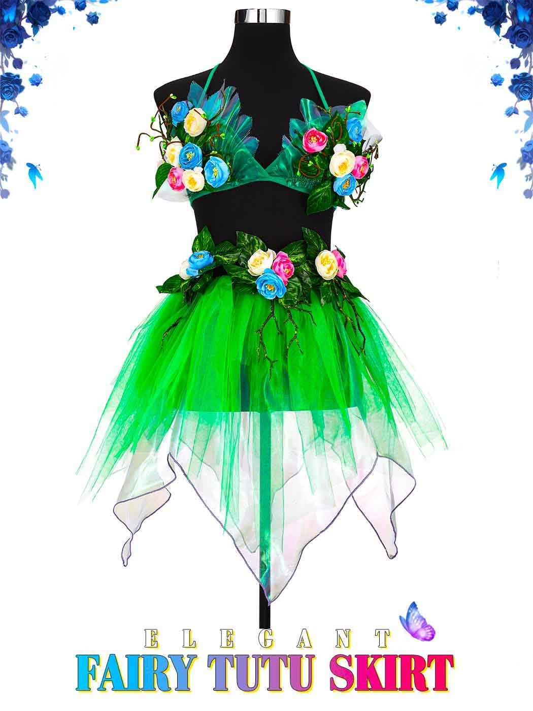 TWINKLEDE Women's Fairy Outfit Costume Floral Elf Tulle Tutu Skirt Forest Princess 3D Floral Bra Tops and Elf Ears