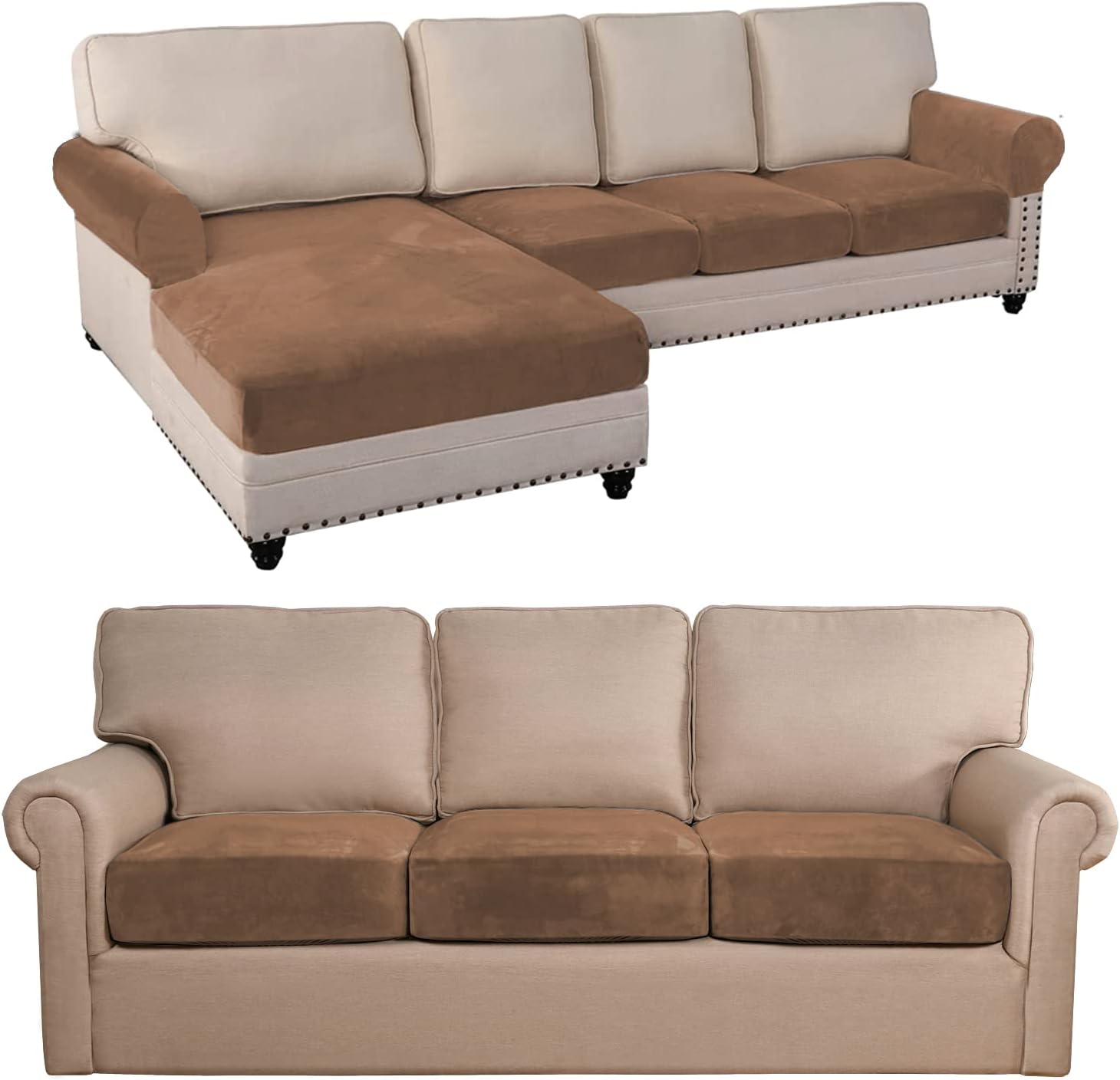 PrinceDeco Sectional Sofa L Shape Couch Cushion Covers and Armchair Covers and Individual Cushions Sofa Cushion Covers Bundle, Furniture Protector, Plaid Pattern, Removable and Washable, Camel