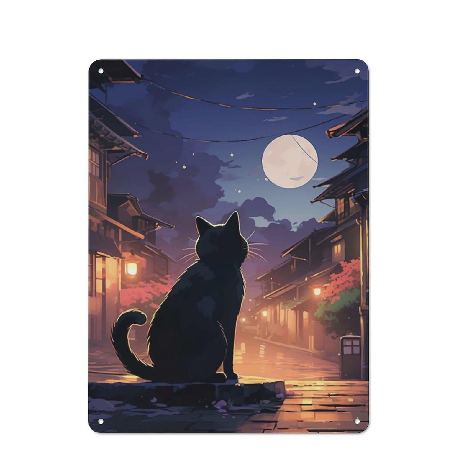 Nostalgic Cat Moon Japanese Metal Wall Sign 40x30cm, Bar Wall Plaque for Pub, Home Bar, Shed Or Man Cave