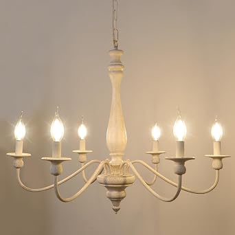 LynPon Wood Farmhouse Chandelier Distressed White French Country Industrial Lamp Ceiling 6-Light Vintage Rustic Retro Pendant Lighting for Dining Living Room Bedroom [Energy Class A]