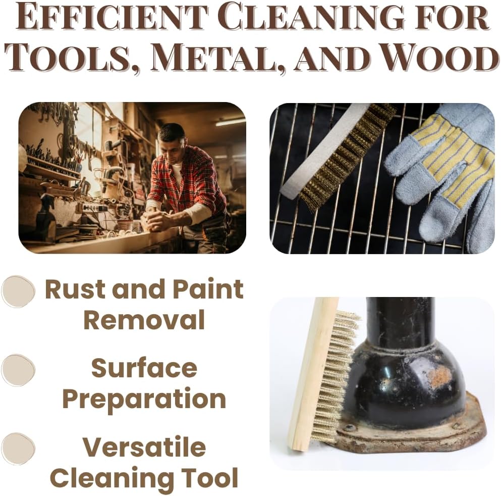 Wood Handle Brass Wire Brush 6" – Heavy Duty Handheld Cleaning Scrub Brush for Rust Removal, Metal Polishing, BBQ Grill, Tools (2)