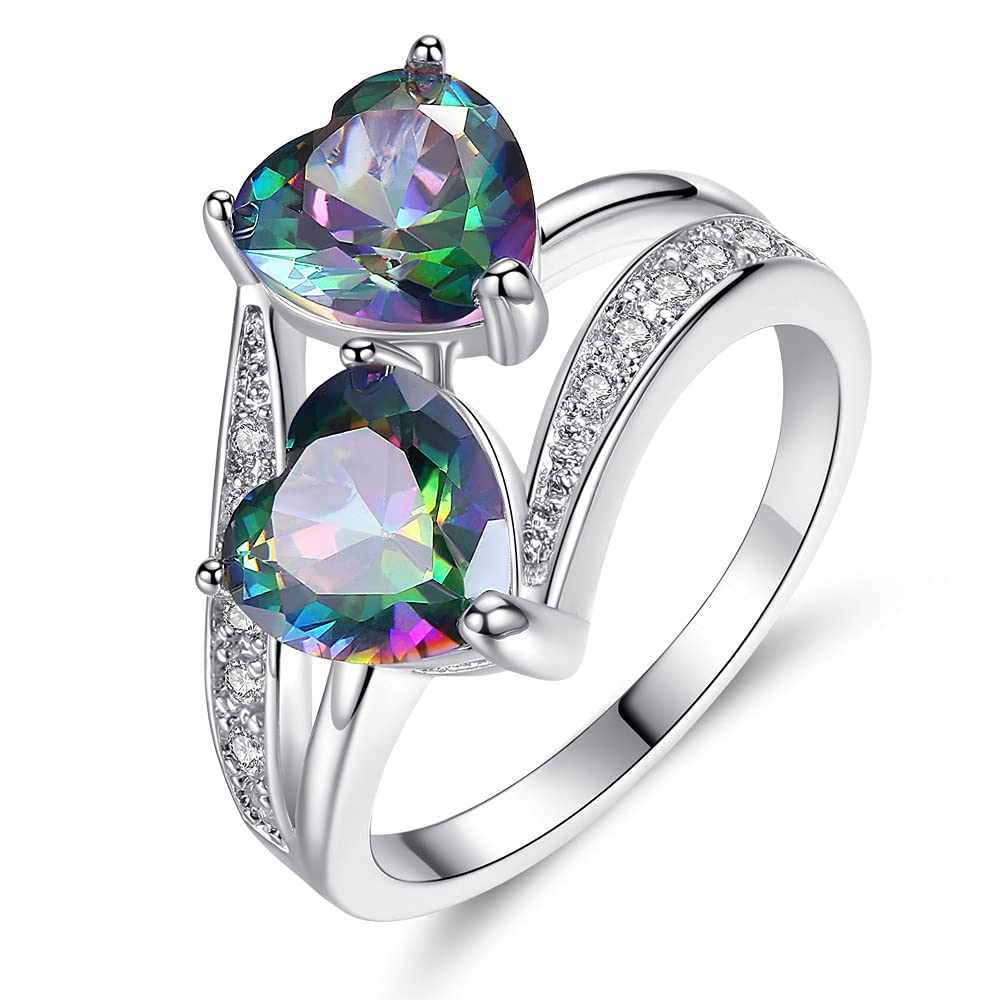 ATDMEIDouble Heart Rings 18k Gold Plated for Women Girls Mystic Topaz Zircon Size 5-11 Jewelry with Gifts Box