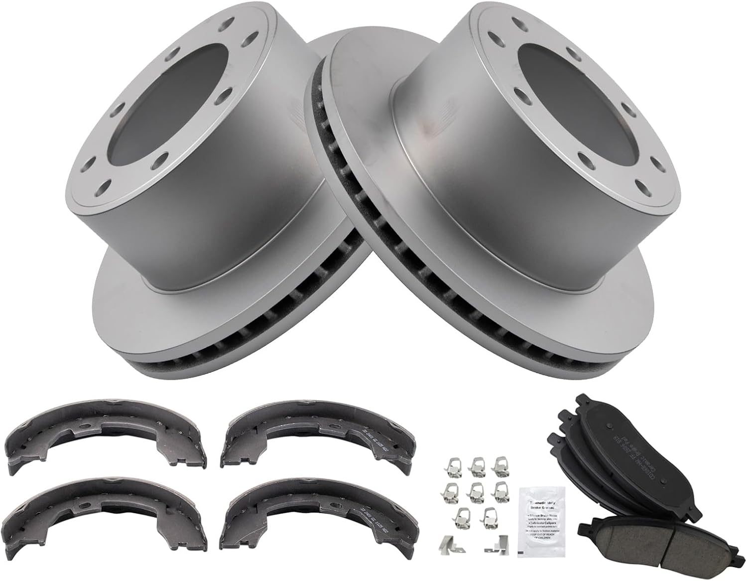 TRQ Rear Brake Pad & Rotor Kit Brake Pads Brake Rotor Parking Brake Shoe Set Ceramic Premium G-Coated Compatible with 2005-2007 Ford F-250 Super Duty F-350 Super Duty