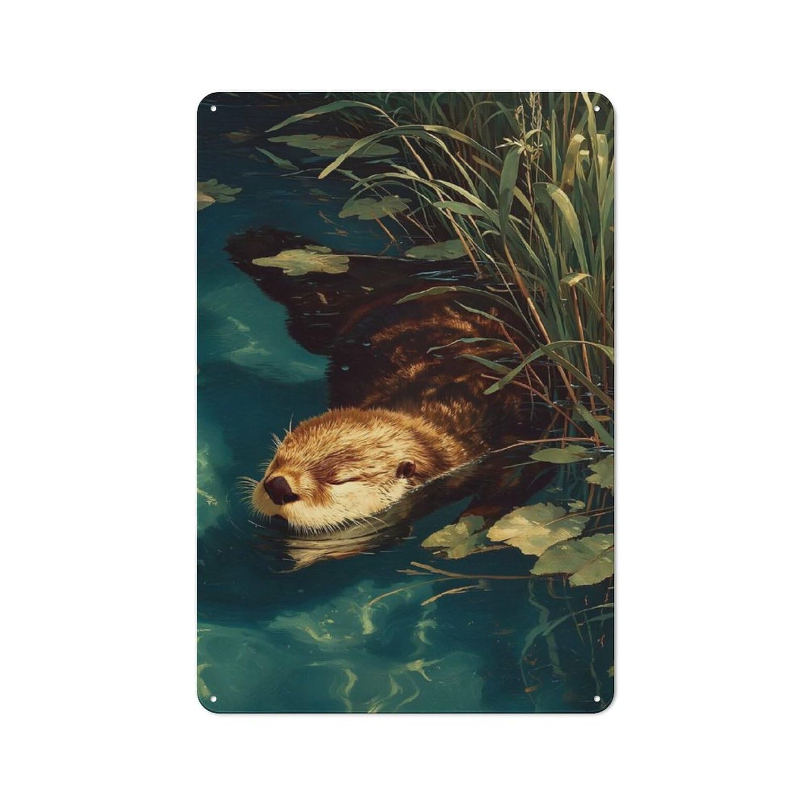 Junmoney Otter Swimming In Water With Lily Pads Tin Wall Plaque 30X20cm With For Pub Or Café, With Clear Vintage Wall Decor Character
