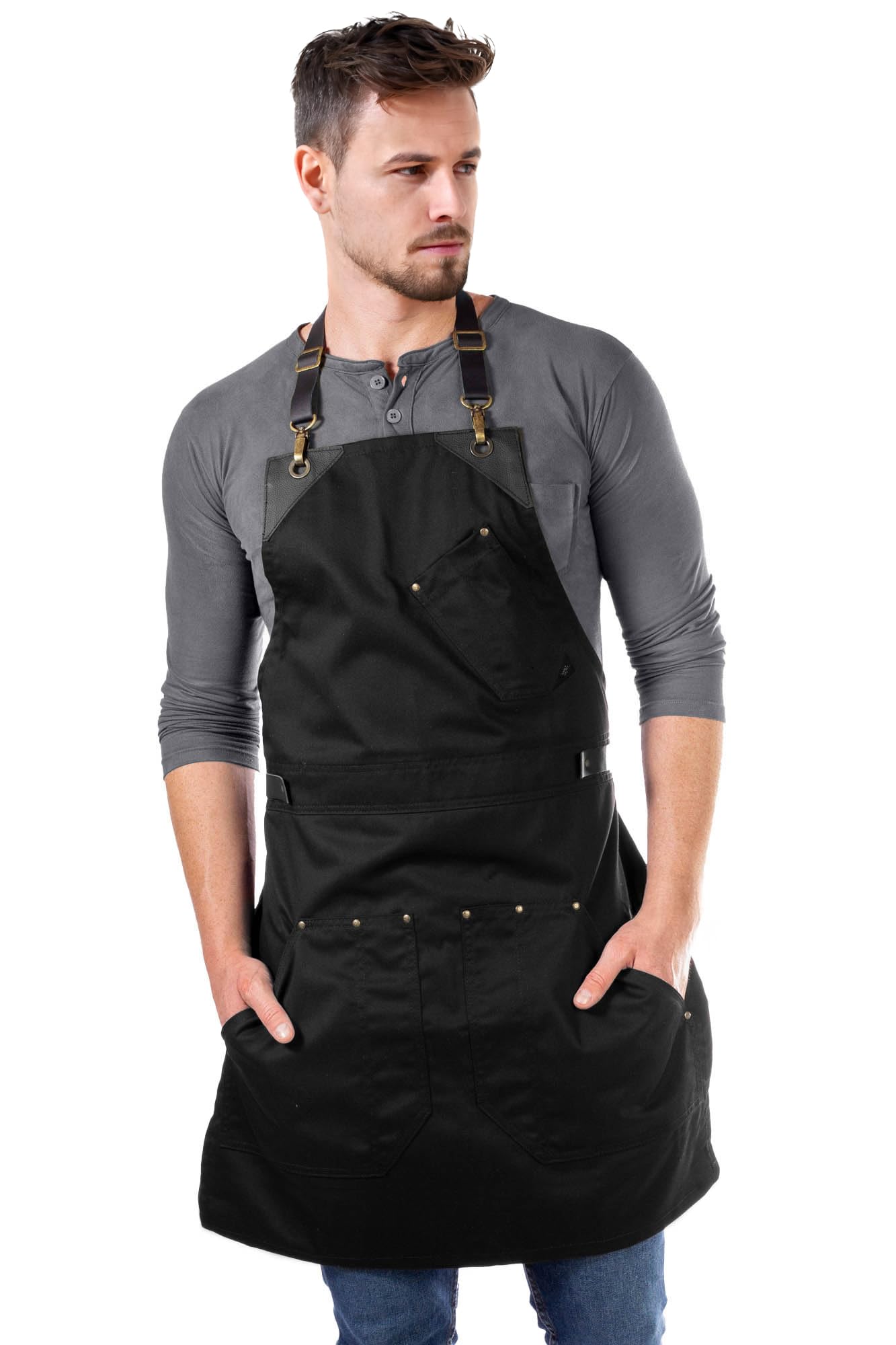 Under NY Sky Delantal de Función Doble - Sarga Negra - Correas de Cuero Negro sin Amarras - Multi Bolsillos Remachados - Hombre, Mujeres, Chef, Barista, Camarero, Barbero, Barman, Tienda, Peluquero